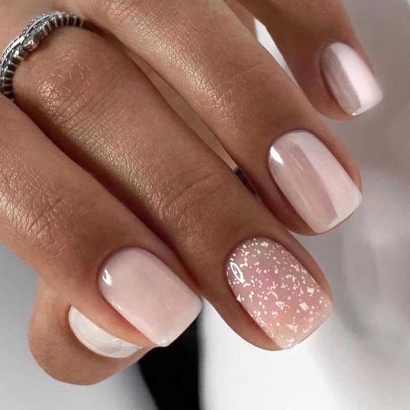 24Pcs Nail Press ons, Medium Press On Nails Almond Nude Pink Fake Nails with Cat's Eye Glossy High-end Design, Acrylic Artificial False Stick On Nails for Women Girls