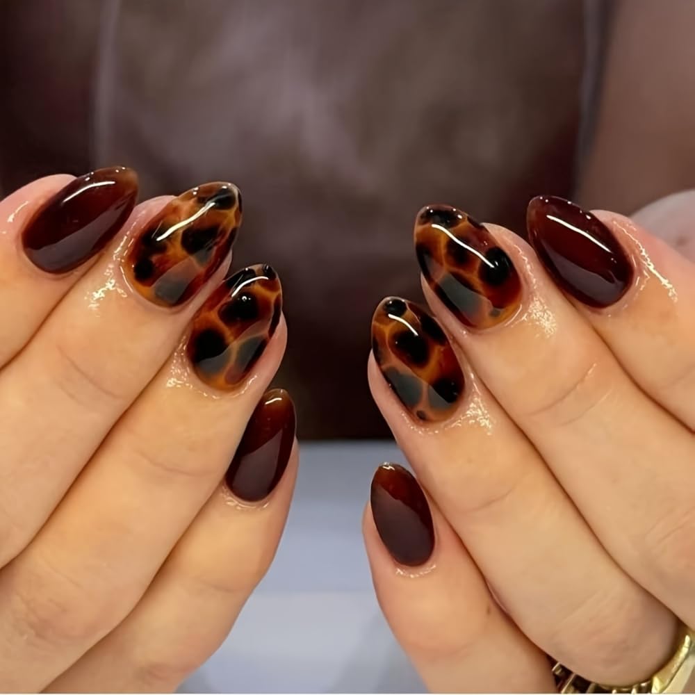Almond Press on Nails Medium French Tip Fall Fake Nails with Brown Leopard Design Acrylic Nails Glossy False Nails Press ons Full Cover Glue on Nails for Women Manicure 24Pcs