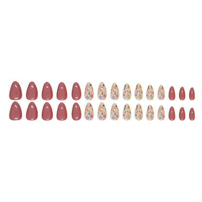Short Press On Almond Fake Nails - Flower Acrylic Fall Nails Press Ons Full Cover Glue On Cute False Floral Stick On Nails for Women - 30 Pcs