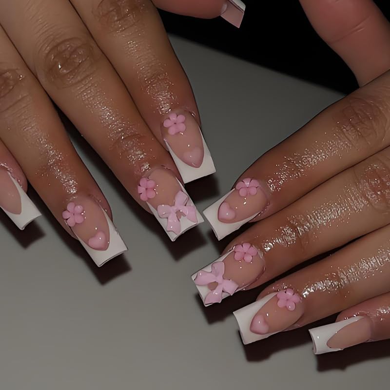 24Pcs Square Press on Nails Medium Length Fake Nails with Rhinestone Designs Bow Pink French Tip False Nails Cute Full Cover Reusable Stick on Nails for Women Girls Manicure Kit