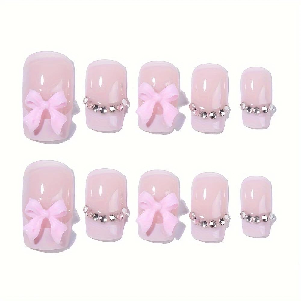 24Pcs Square Press on Nails Medium Length Fake Nails with Rhinestone Designs Bow Pink French Tip False Nails Cute Full Cover Reusable Stick on Nails for Women Girls Manicure Kit