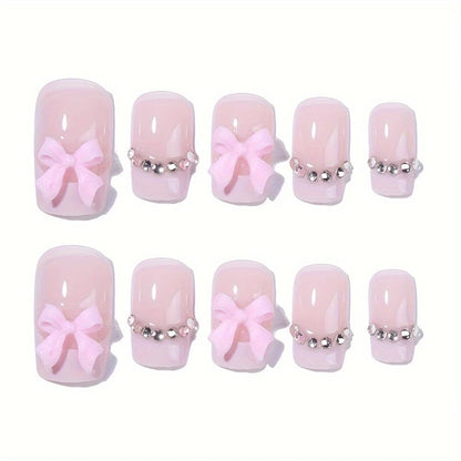 24Pcs Square Press on Nails Medium Length Fake Nails with Rhinestone Designs Bow Pink French Tip False Nails Cute Full Cover Reusable Stick on Nails for Women Girls Manicure Kit
