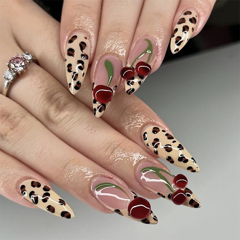 Spring Fake Acrylic Press On Nails – Starry Sky Designer False Nails Medium Almond, Salon Quality, Glossy Reusable Stick-On Nails for Weddings, Outdoor Picnics & Parties | Gift for Women