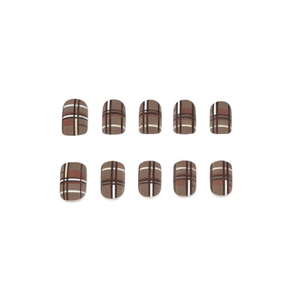24Pcs Fall Press on Nails Short Square Fake Nails with Plaid Design Matte Khaki Artificial Nails Reusable Acrylic Nail Full Cover for Women and Girls Nail Decorations