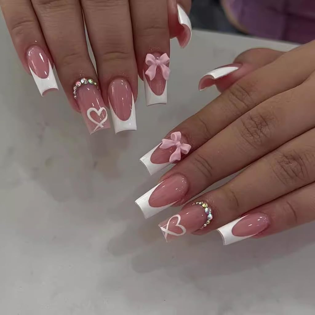 CTTHNBD Press on Nails Square, Medium, Black French Tip Fake Nails
