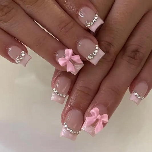 24Pcs Square Press on Nails Medium Length Fake Nails with Rhinestone Designs Bow Pink French Tip False Nails Cute Full Cover Reusable Stick on Nails for Women Girls Manicure Kit