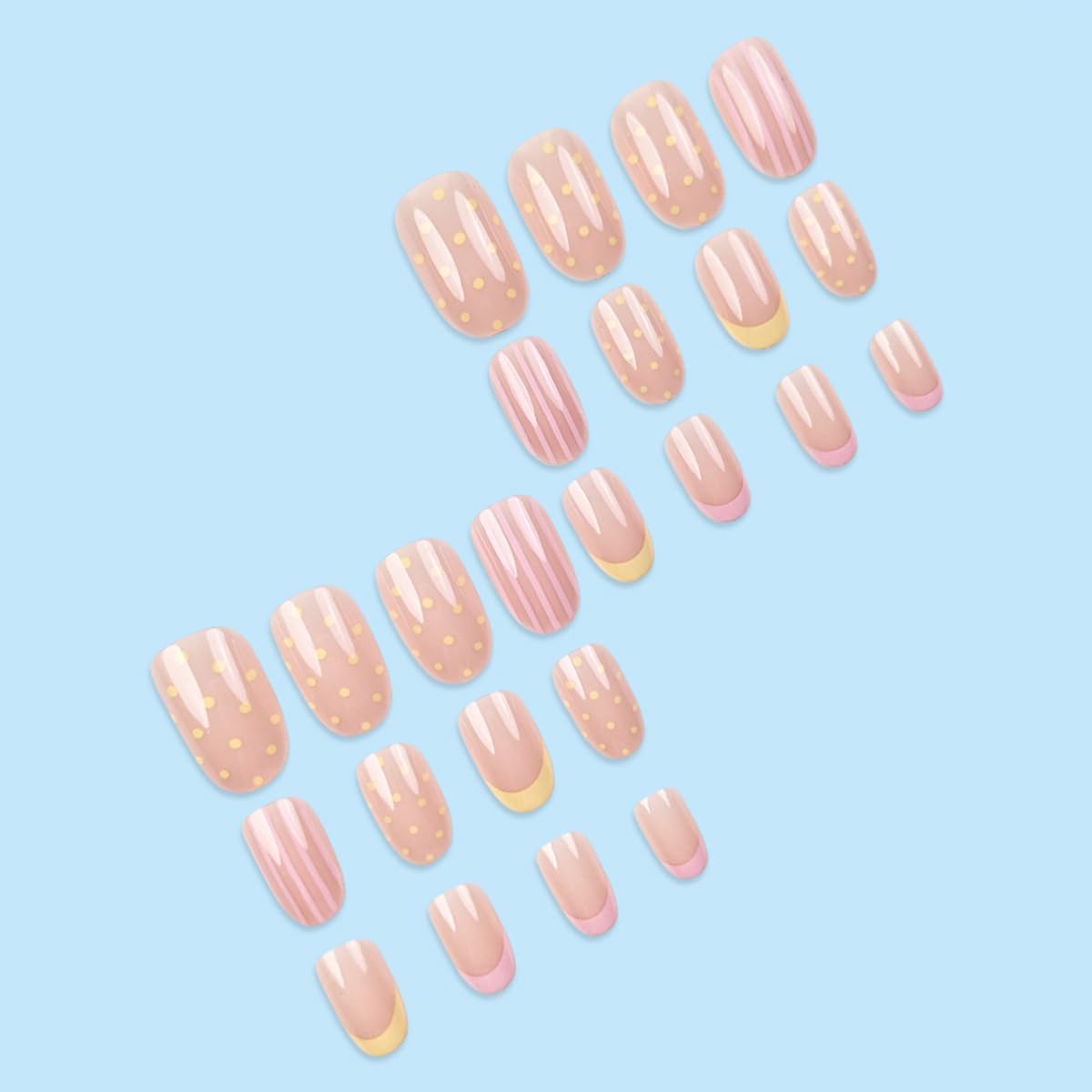 French Tip Press on Nails Short Almond Nude Fake Nails Press on with Polka Dot Design Stripe False Nails Glossy Full Cover Summer Nails for Women 24Pcs
