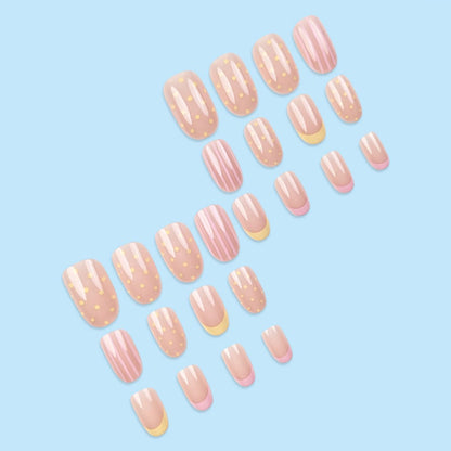 French Tip Press on Nails Short Almond Nude Fake Nails Press on with Polka Dot Design Stripe False Nails Glossy Full Cover Summer Nails for Women 24Pcs