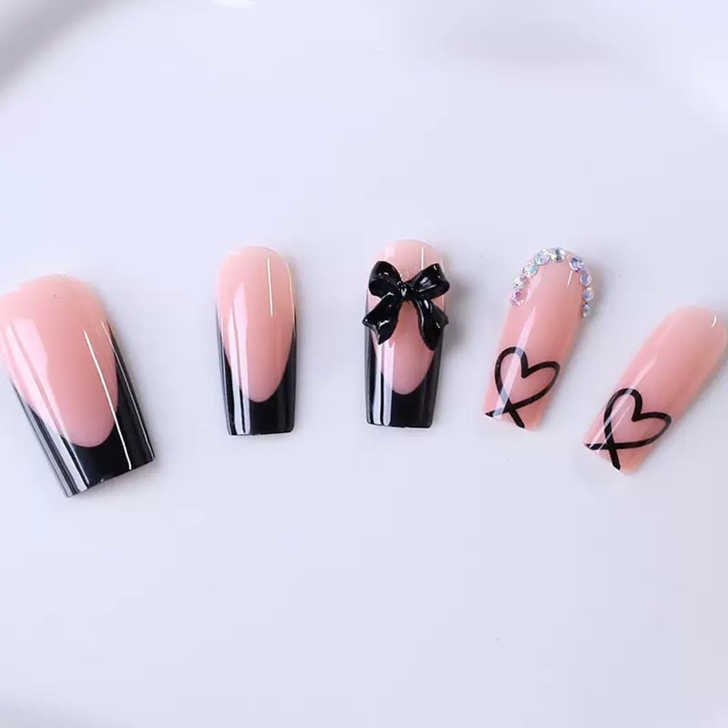 CTTHNBD Press on Nails Square, Medium, Black French Tip Fake Nails