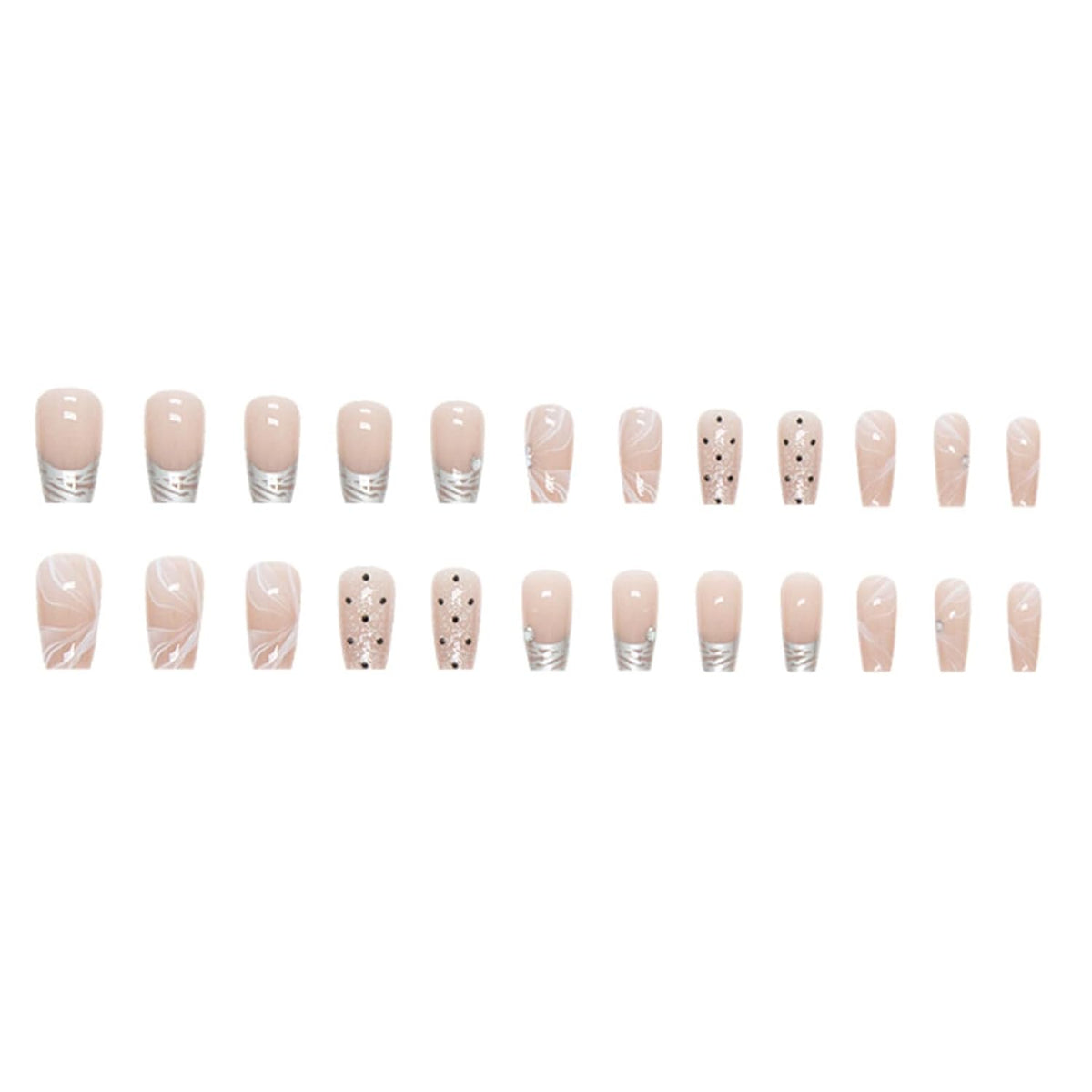 Hkanlre Silver Press on Nails Medium Fake Nails Tips Full Cover French False Square Dot Nails for Women and Girls 24PCS