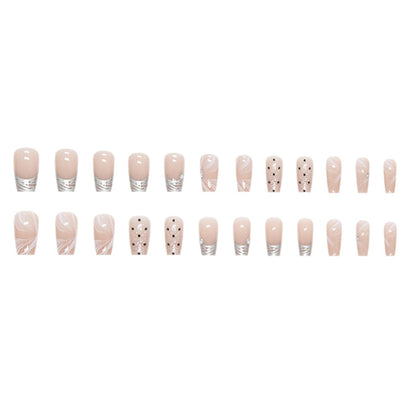 Hkanlre Silver Press on Nails Medium Fake Nails Tips Full Cover French False Square Dot Nails for Women and Girls 24PCS