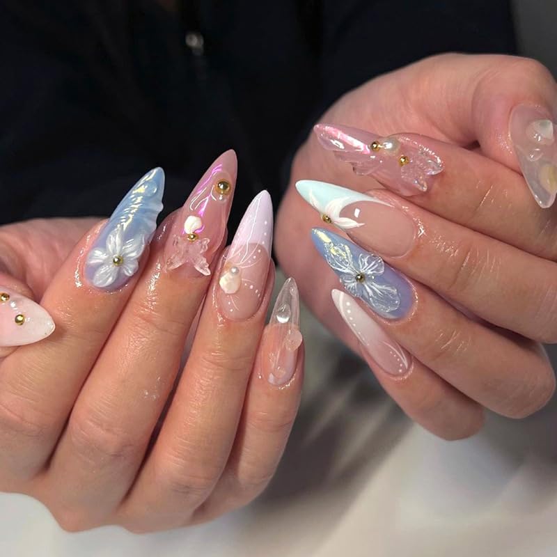 Spring Fake Acrylic Press On Nails – Starry Sky Designer False Nails Medium Almond, Salon Quality, Glossy Reusable Stick-On Nails for Weddings, Outdoor Picnics & Parties | Gift for Women