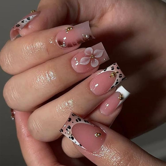 Leopard Print French Tip Press on Nails Medium Square Fake Nails Press ons with 3D Flower Designs Nude Pink False Nails Full Cover Glue on Fall Nails for Women 24Pcs