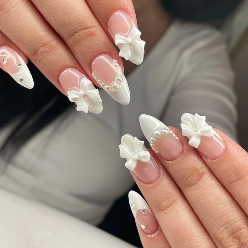 Spring Fake Acrylic Press On Nails – Starry Sky Designer False Nails Medium Almond, Salon Quality, Glossy Reusable Stick-On Nails for Weddings, Outdoor Picnics & Parties | Gift for Women