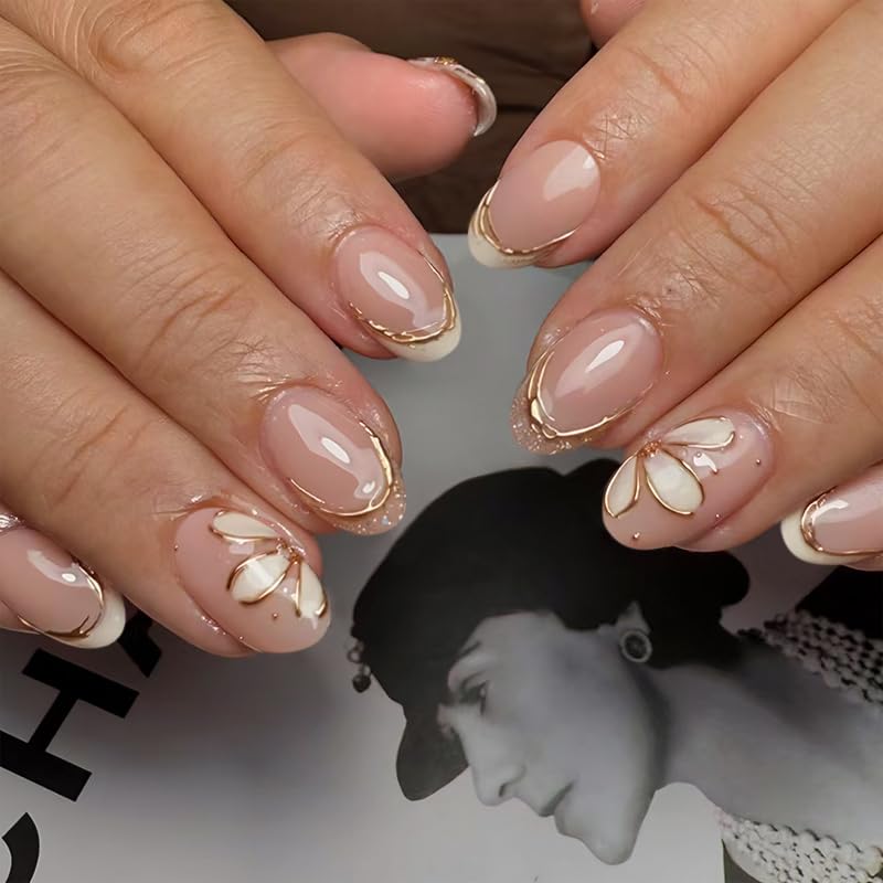 Spring Fake Acrylic Press On Nails – Starry Sky Designer False Nails Medium Almond, Salon Quality, Glossy Reusable Stick-On Nails for Weddings, Outdoor Picnics & Parties | Gift for Women