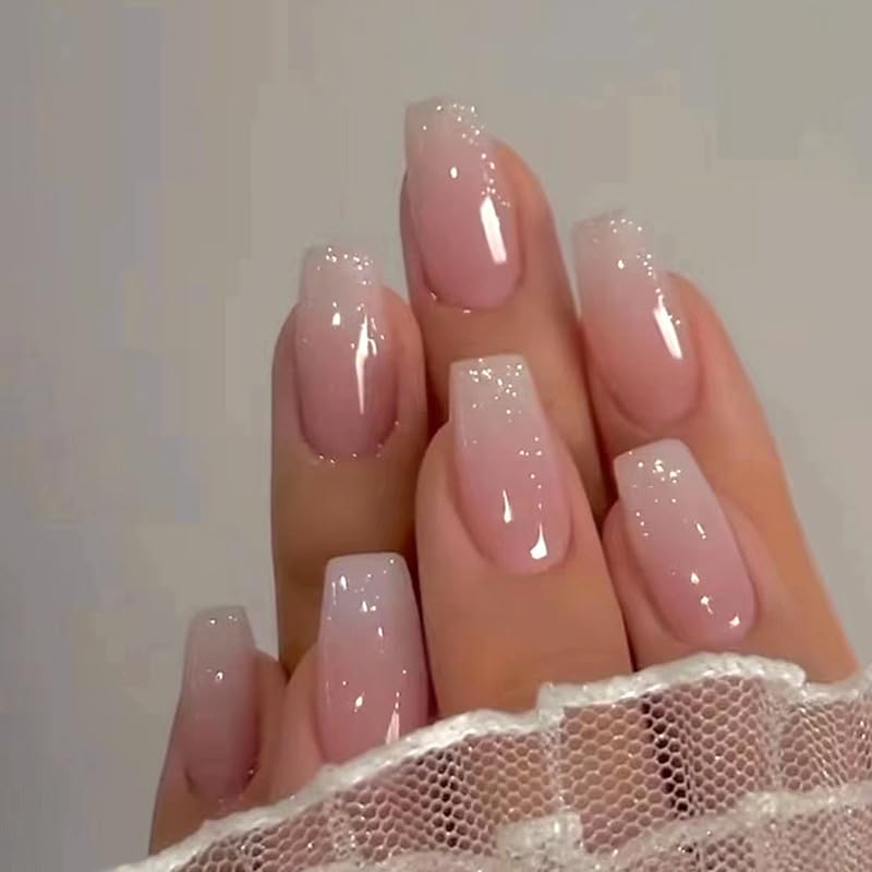 24Pcs Nail Press ons, Medium Press On Nails Almond Nude Pink Fake Nails with Cat's Eye Glossy High-end Design, Acrylic Artificial False Stick On Nails for Women Girls