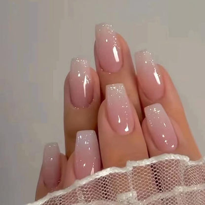 24Pcs Nail Press ons, Medium Press On Nails Almond Nude Pink Fake Nails with Cat's Eye Glossy High-end Design, Acrylic Artificial False Stick On Nails for Women Girls