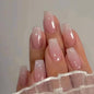 24Pcs Nail Press ons, Medium Press On Nails Almond Nude Pink Fake Nails with Cat's Eye Glossy High-end Design, Acrylic Artificial False Stick On Nails for Women Girls