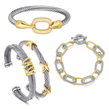 Aprilery Trendy 4PCS Twisted Adjustable Cable & Chain Link Jewelry Arm Candy Set – Stackable Knot & Hook Turquoise Bangle Bracelets for Women Perfect Everyday Jewelry Gold & Silver Bracelets