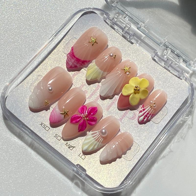 10Pcs Handmade Press On Nails Reusable Medium Handmade Acrylic Press Nails New Summer Collection, Cute Elegant Luxury Cat Eye Design, Ocean Inspired, High Quality Soft Sophisticated Look for Women Nail Art