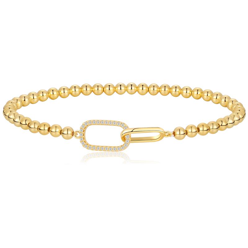 14K Gold Plated Beaded Stretch Bracelet for Women - Elegant CZ Stackable Jewelry, Non Tarnish, Perfect Gift for Friends & Mom,Dainty Gold Bracelet,Fashion Wrist Jewelry,Exquisite Bracelet,Stackable Bangle