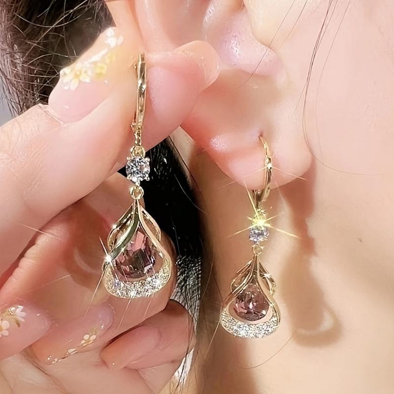 Women's Gold-Toned Cubic Zirconia Teardrop Earrings - 1 Pair Alloy Pendant Accessories for Adult Females, Bedazzled Sparkle Crystalized Glitter Styles, Pink & Transparent Stones, Layered Dangling Party Jewelry, Accessories Adults Female, Bedazzled Sparkle