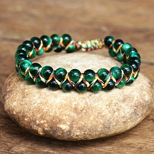 A Bohemian-style Vacation Bracelet - an Adjustable Hand-woven Natural Stone Bead Bracelet Featuring Cat's Eye/tiger's Eye Stones, Uncoated, Suitable for Women's Daily and Holiday Wear. 1pc, 6mm Beads