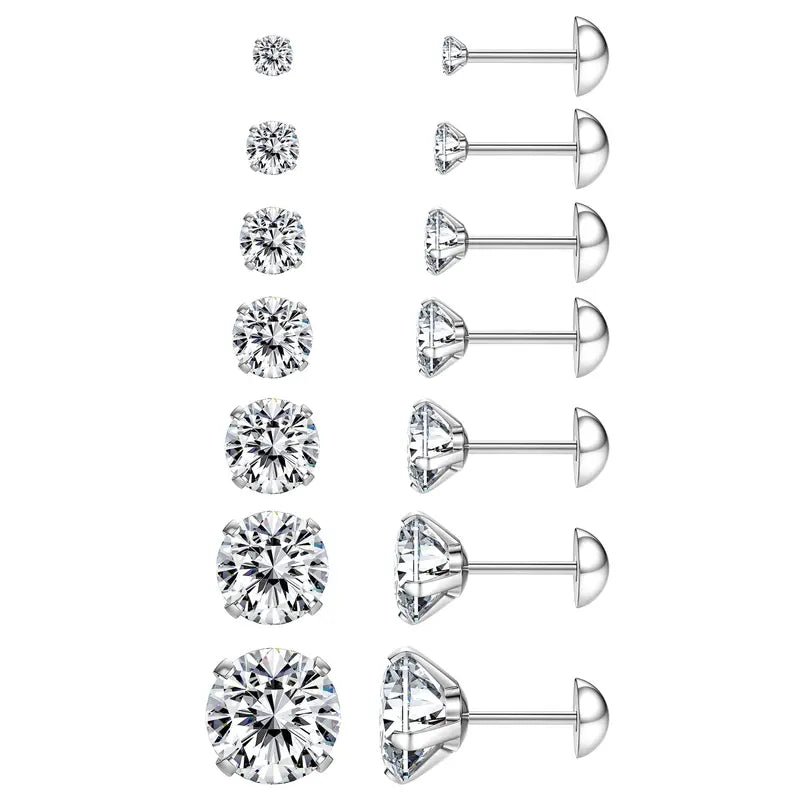 Nandudu Women's 7pcs S925 Sterling Silver CZ Stud Earring Pack, Hypoallergenic Screw Back Classic Earrings, Clear Cubic Zirconia Flat Back Anti-Tarnish Cartilage Piercing Jewelry
