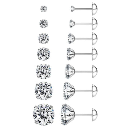 Nandudu Women's 7pcs S925 Sterling Silver CZ Stud Earring Pack, Hypoallergenic Screw Back Classic Earrings, Clear Cubic Zirconia Flat Back Anti-Tarnish Cartilage Piercing Jewelry