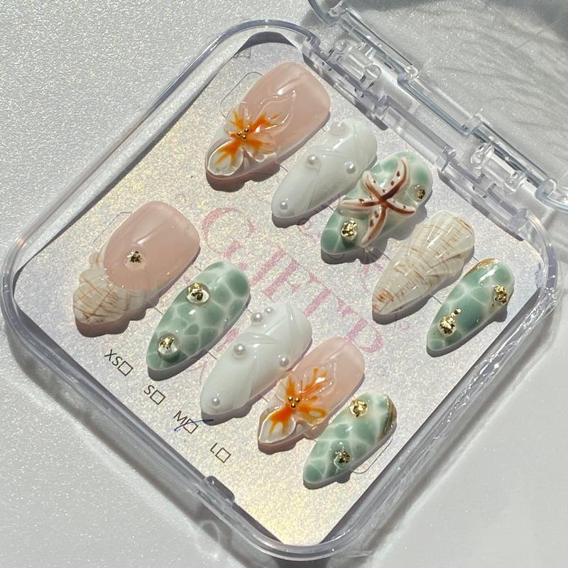 10Pcs Handmade Press On Nails Reusable Medium Handmade Acrylic Press Nails New Summer Collection, Cute Elegant Luxury Cat Eye Design, Ocean Inspired, High Quality Soft Sophisticated Look for Women Nail Art