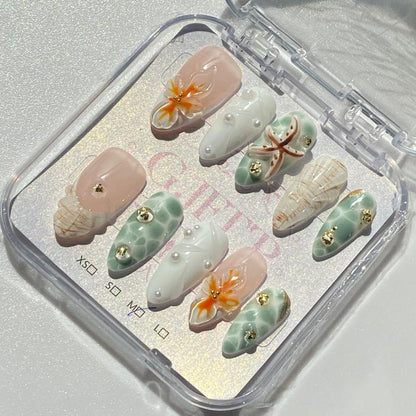 10Pcs Handmade Press On Nails Reusable Medium Handmade Acrylic Press Nails New Summer Collection, Cute Elegant Luxury Cat Eye Design, Ocean Inspired, High Quality Soft Sophisticated Look for Women Nail Art