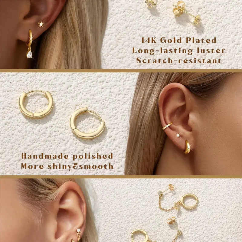 CASSIECA 8Pairs Earrings Stack Set for Women Gold Plated Hypoallergenic Chain Cartilage Pieces Silver Huggie Hoop Studs for Multiple Piercings Lightweight Jewelry For Women Sohochic