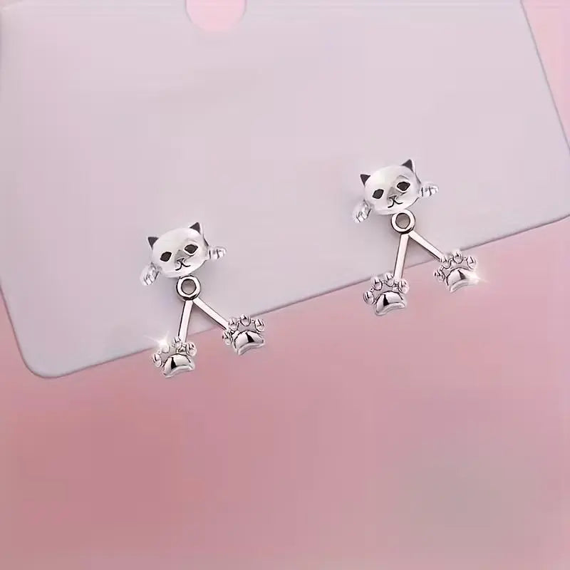Women's S925 Pure Silver Cat Paw Pendant Pretty Studs - Versatile Dangle Earrings with Paw Charms, Everyday Fashionable Pet-Themed Costume Jewelry Accessories