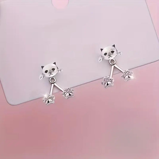 Women's S925 Pure Silver Cat Paw Pendant Pretty Studs - Versatile Dangle Earrings with Paw Charms, Everyday Fashionable Pet-Themed Costume Jewelry Accessories