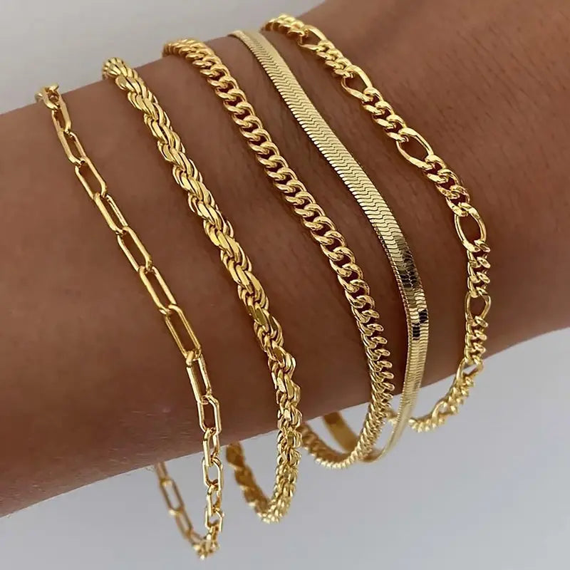 TEWIKY Women's 5-Piece Thin Dainty Metallic Gold Sparkly Bracelet Stack Set - Paperclip, Cuban Link, Greenish Bead Chains, 6.5in Adjustable Jewelry for Everyday/Casual Wear | Accessories Bundle Bracelets & Bangles, Gifts for Women