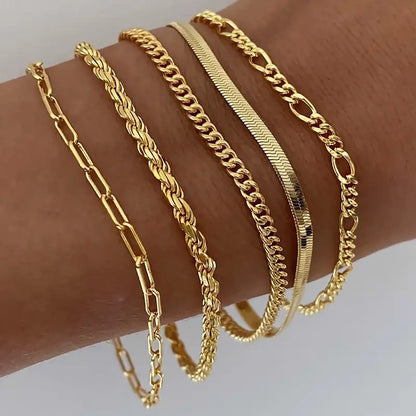 TEWIKY Women's 5-Piece Thin Dainty Metallic Gold Sparkly Bracelet Stack Set - Paperclip, Cuban Link, Greenish Bead Chains, 6.5in Adjustable Jewelry for Everyday/Casual Wear | Accessories Bundle Bracelets & Bangles, Gifts for Women