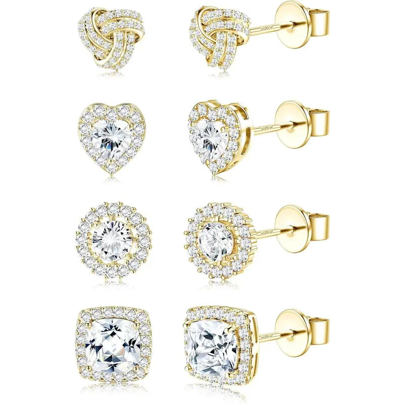 4 Pairs Trendy Sterling Silver CZ Stud Earrings for Women 14K Waterproof Gold Plated Brilliant Celtic Heart Big Stud Earrings Set Cubic Zirconia Earrings Studs for Sensitive Ear, Heart Shaped Earrings, Artificial Zirconia Earrings, Jewelry For Women