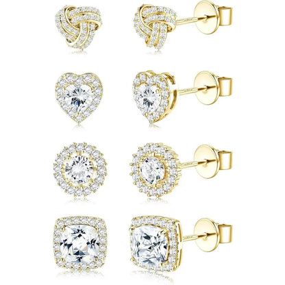 4 Pairs Trendy Sterling Silver CZ Stud Earrings for Women 14K Waterproof Gold Plated Brilliant Celtic Heart Big Stud Earrings Set Cubic Zirconia Earrings Studs for Sensitive Ear, Heart Shaped Earrings, Artificial Zirconia Earrings, Jewelry For Women