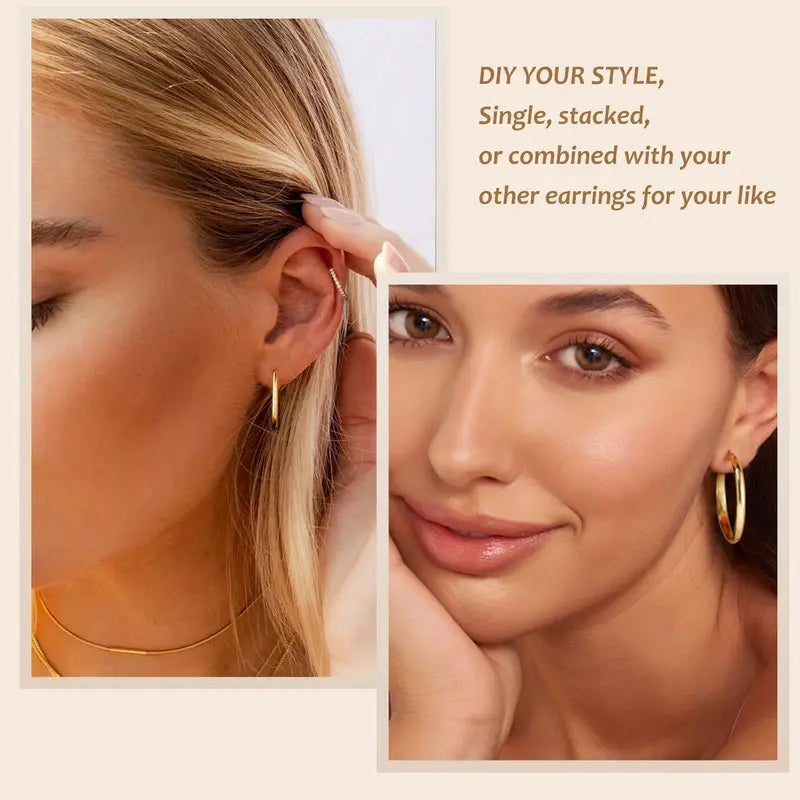 Turandoss 9 Pairs Gold Hoop Earrings for Women, Hypoallergenic Thick Lightweight Earring, 925 Sterling Silver Post 14K Real Gold Plated Chunky Hoop Earrings Set for Women for Jewelry Gifts