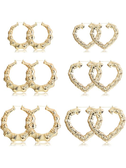 6-10 Pairs Bamboo Earrings Set Hollow Casting Hip-Hop Large Bamboo Earring For Women Oversize Different Shape Gold Hoop Earrings Set Fashionable Hoop Earrings Casual Trendy Jewelry Fashion Rapper Accessories Jewelry Earring Sets Earrings Hoops