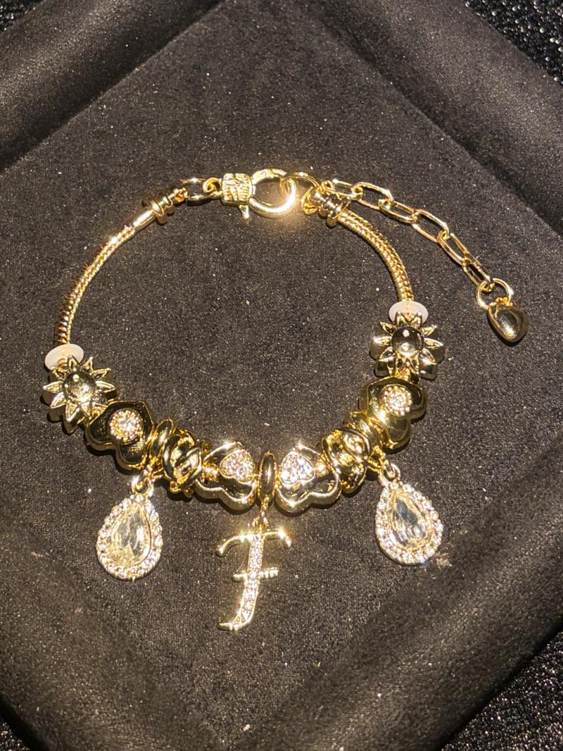 Women's Gold Tone Mixed Charm Beaded Bracelet A Z Initial Letters Available, Fashion Costume Jewelry Gift