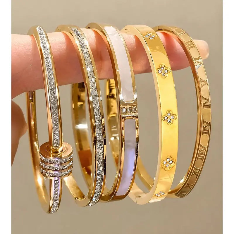 5PCS Waterproof Titanium Steel Bracelet Set for Women, Rhinestone Stackable Bracelets, Minimalist Gold Silver Wrist Jewelry, Elegant Fashion Bracelets for Everyday Wear, Gift for Women