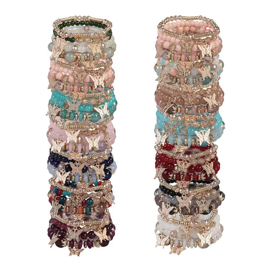 Women's 8-24pcs Multi-Layer Glass Beaded Bracelet Gift Sets for Women - 4color Bead Mix, Butterfly Stars Decor, Metallic Shine, Wrist Stack, Casual Daily Wear, Elegant Boho Festival Jewelry, Ideal Anniversary Gift, Glass Beads, Elegant Boho Festival Look