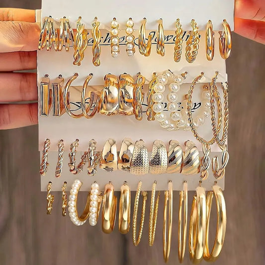 24 Pairs Gold Silver Color Hoop Earrings Set for Women, Hypoallergenic Stainless Steel & Zinc Alloy Earrings Pack with Pearl, Twisted, Chunky & Minimalist Hoops, Trendy TikTok Jewelry for Daily Wear & Gifts