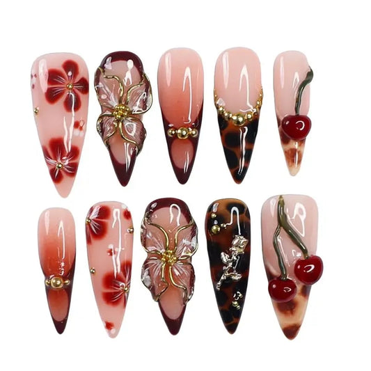 Nailrosy Press-on Acrylic Nails Set - 10-Piece Handmade Reusable Chic Glossy Floral Medium Stiletto Nails, No-Size DIY Manicure Kit with XS Option, Cute Gift Box for Women's Graduation, Parties, Graduations, Beauty Products