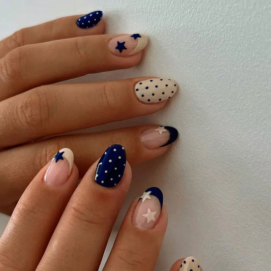 24pcs Short Oval French Polka Dot Nail Set, French Tip Nails, Star Design Acrylic Press-On Nails, Includes Jelly Glue and File, Perfect for Parties, Nail Art Kit