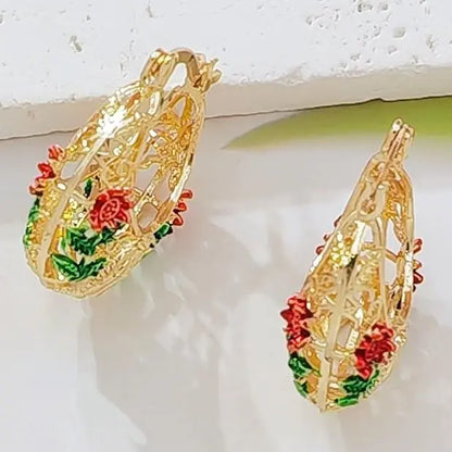 Women's Jewelpop Gold-Plated Floral Hoop Earrings - Enamel Rose, Hollow Design, Vintage Bohemian Costume Jewelry