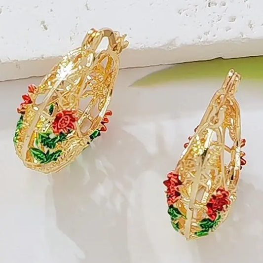 Women's Jewelpop Gold-Plated Floral Hoop Earrings - Enamel Rose, Hollow Design, Vintage Bohemian Costume Jewelry