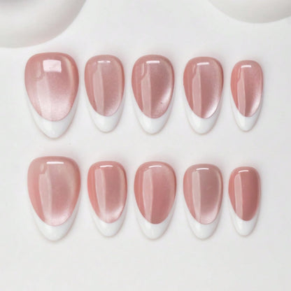 Handmade Press on Nails Short Almond Nude Polka Dot Glossy Reusable Fake Nails, Minimalist Beige Acrylic Press on Nails with White Dot Design for Women Girls 10 PCS(M)