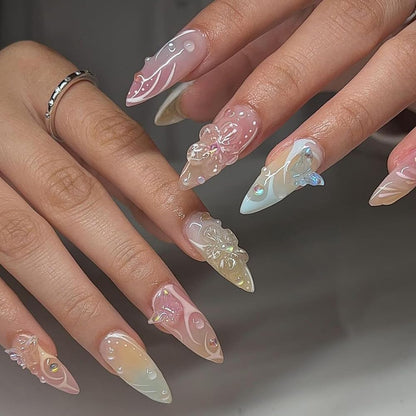 Spring Fake Acrylic Press On Nails – Starry Sky Designer False Nails Medium Almond, Salon Quality, Glossy Reusable Stick-On Nails for Weddings, Outdoor Picnics & Parties | Gift for Women